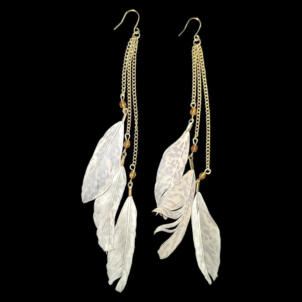 Boho Feather Shoulder Duster Dangle Earrings Gold Tone 6